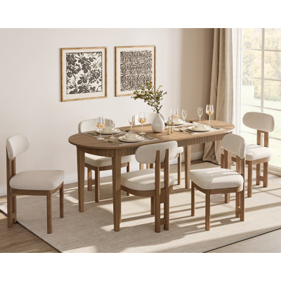 7 Piece Modern Dining Table Set, 73" Solid Wood Oval Dining Table With 6 Polyester Chairs, Dining Set With Fluted Apron For Kitchen & Dining Room