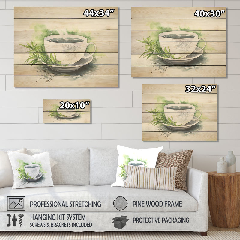 Élégance du thé blanc blanc - impression sur porcelaine sur bois, H 10 po x l 20 po