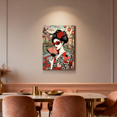 Geisha avec lunettes de soleil rouges et fleurs de cerisier, reproduction d'art sur toile tendue sur toile, ensemble de 1