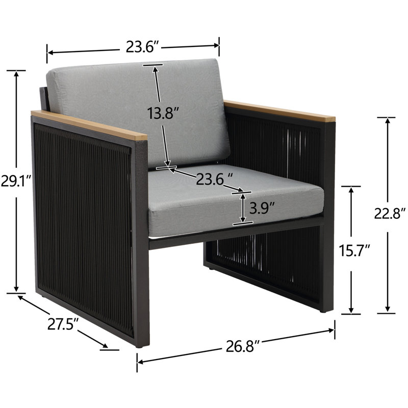 Outdoor Patio Metal Armchair With Cushions, Gray