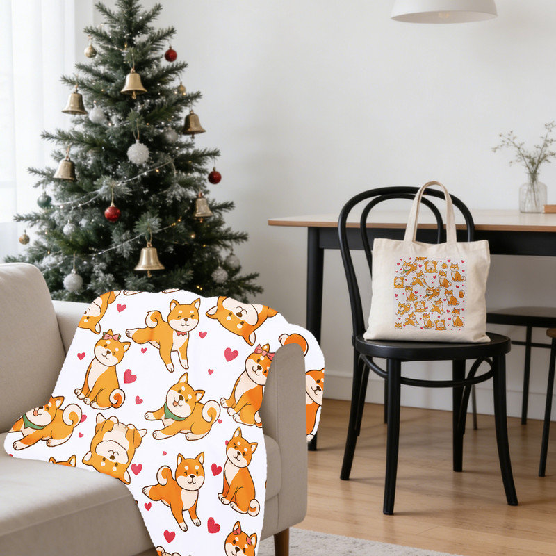 Ensemble-cadeau de Noël 2 pièces Shiba Inu Christmas Heart: couverture en flanelle 30 po x 40 po + fourre-tout en toile 15,75 po x 13,78 po - Paquet de décoration festive pour animaux de compagnie