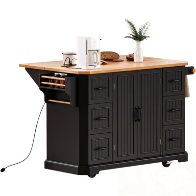 Kitchen Island with Drop Leaf, Power Outlet, 4 Door Shelves and 6 Deep Drawers