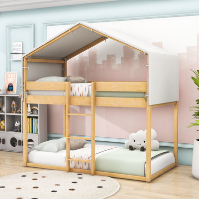 Twin Over Twin Wood Bunk Bed With Tent And Playhouse Design