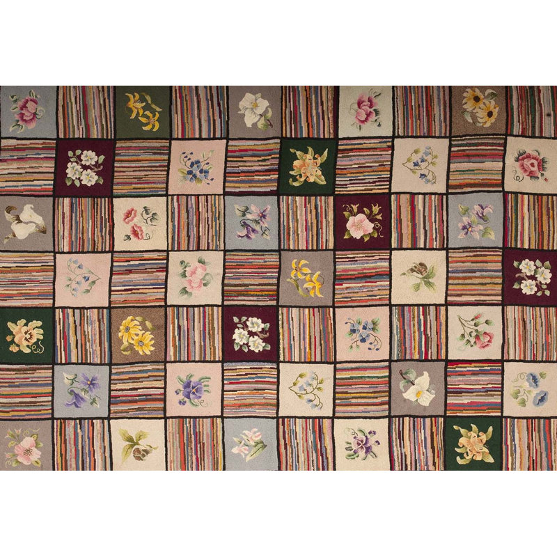 Antique Grid Pattern Colorful American Hooked Area Rug