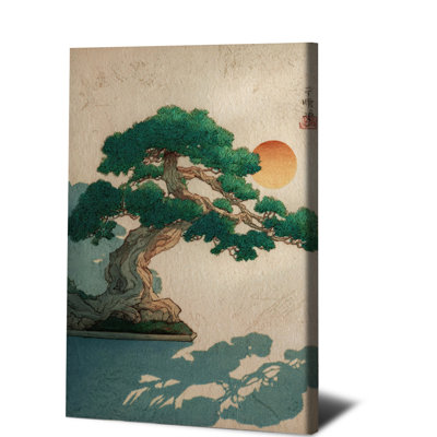 1PC Wall Arts Posters Framed,  Japanese Style Bonsai Pine Tree Canvas Wall Art with Sunset and Lake Reflection Traditional Asian Ink Painting Print for Living Room Bedroom Home Decor Modern Minimalist Decorative Artwork
