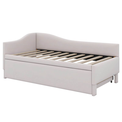 Twin Size Daybed With Pop Up Trundle, Linen Upholstered Day Bed Frame With Wood Slats,Extendable Trundle Bed,Twin To King Design by Red Barrel Studio