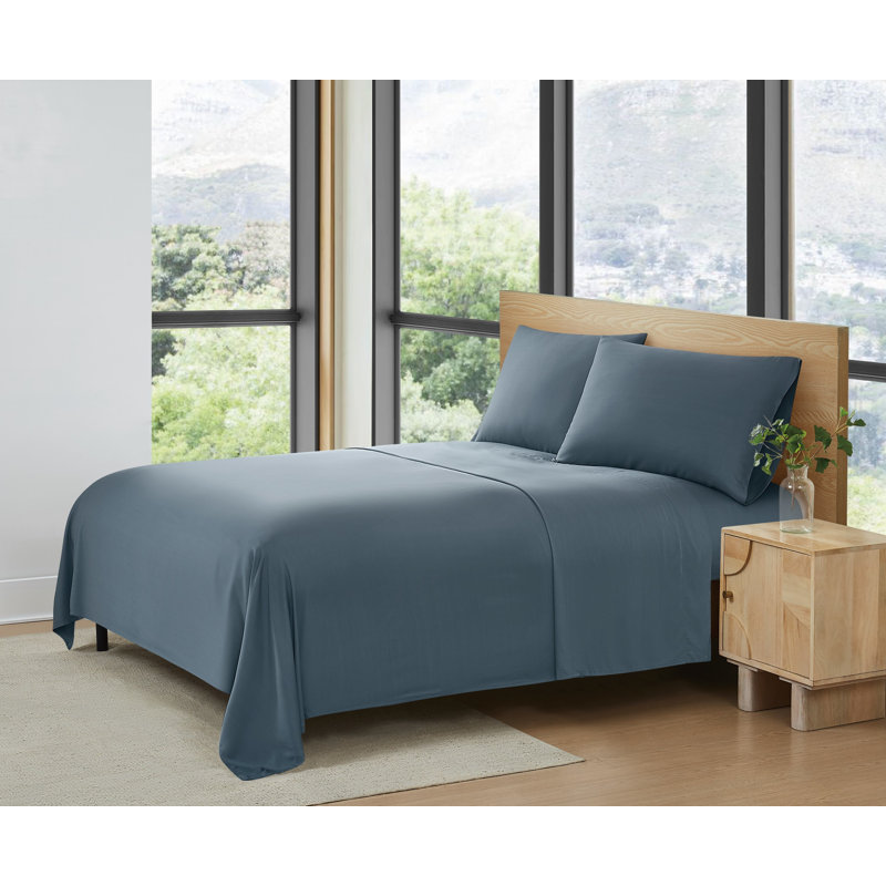 Ensemble de draps en bambou à densité de tissage 300 fils Frye, Ensemble de draps pour très grand lit, Bleu foncé