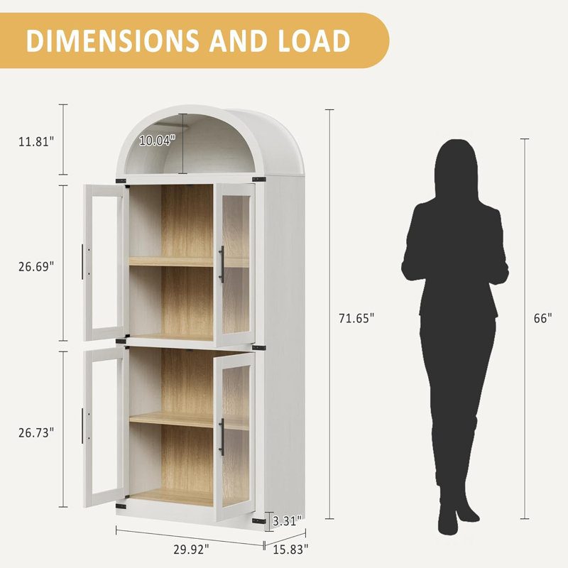 4-door Arched Bookshelf With Glass Doors For Living Room, Kitchen, Office