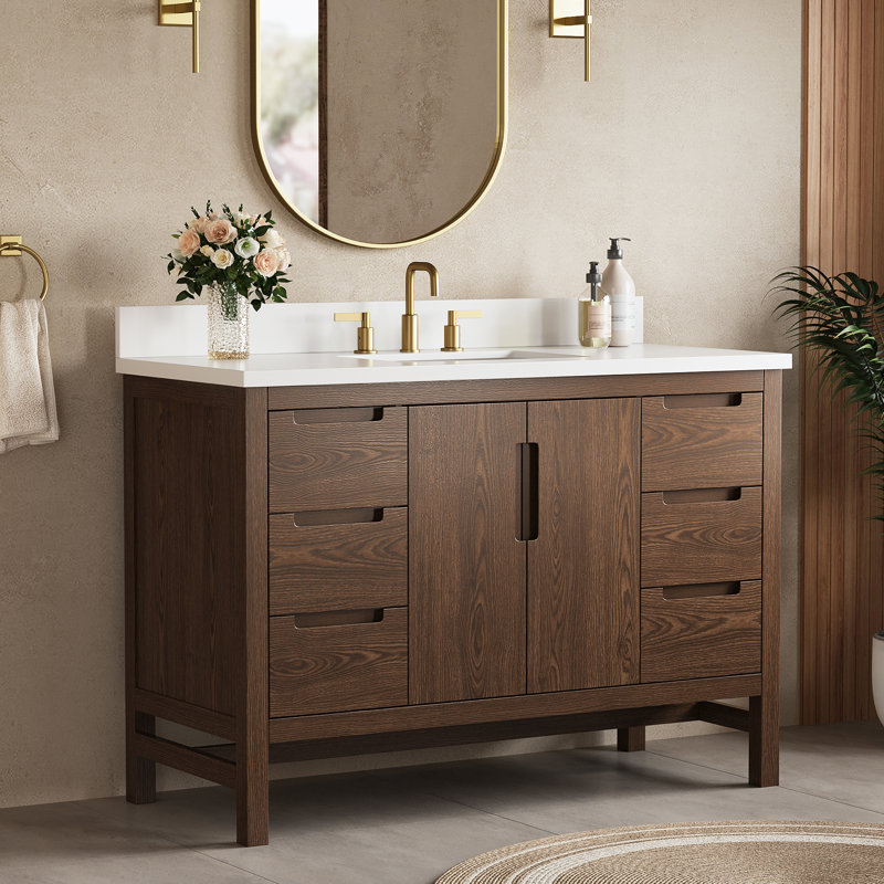 Meuble-lavabo autoportant en chêne chocolat 48 po avec comptoir encastré Wilz