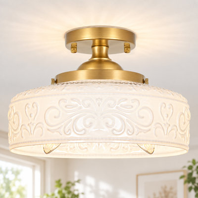 3-Light Gold Semi-Flush Mount with Hand-Etched White Glass Shade