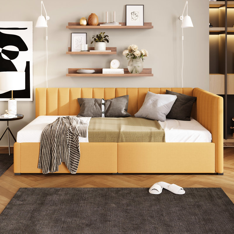 2 Storage Drawers Upholstered Daybed In Yellow Linen - Twin Size Bed, Frame, No Box Spring For Organized Space Functional Living