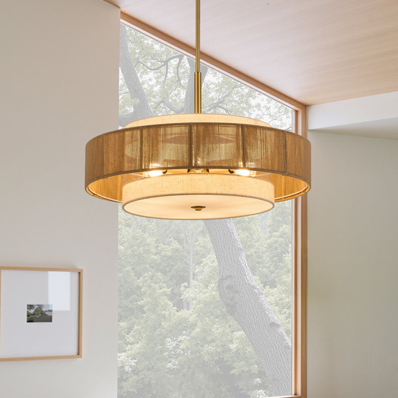 6-Light Dimmable Natural Rope Drum Pendant Chandelier in Brass, Brushed Brass