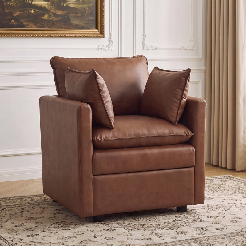 Storage Accent Chair, Faux Leather Upholstered Armchair with Pillows, Pu-brown