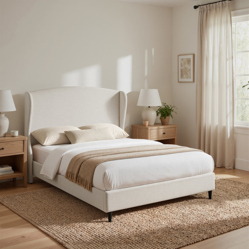 Mikala Wingback Platform Bed Frame, Full, Ivory Canvas