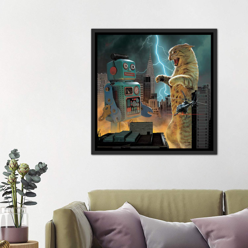 " Catzilla Vs Robot " by Vincent Hie, 37" H x 37" W x 1.5" D, Distressed Black Framed Canvas