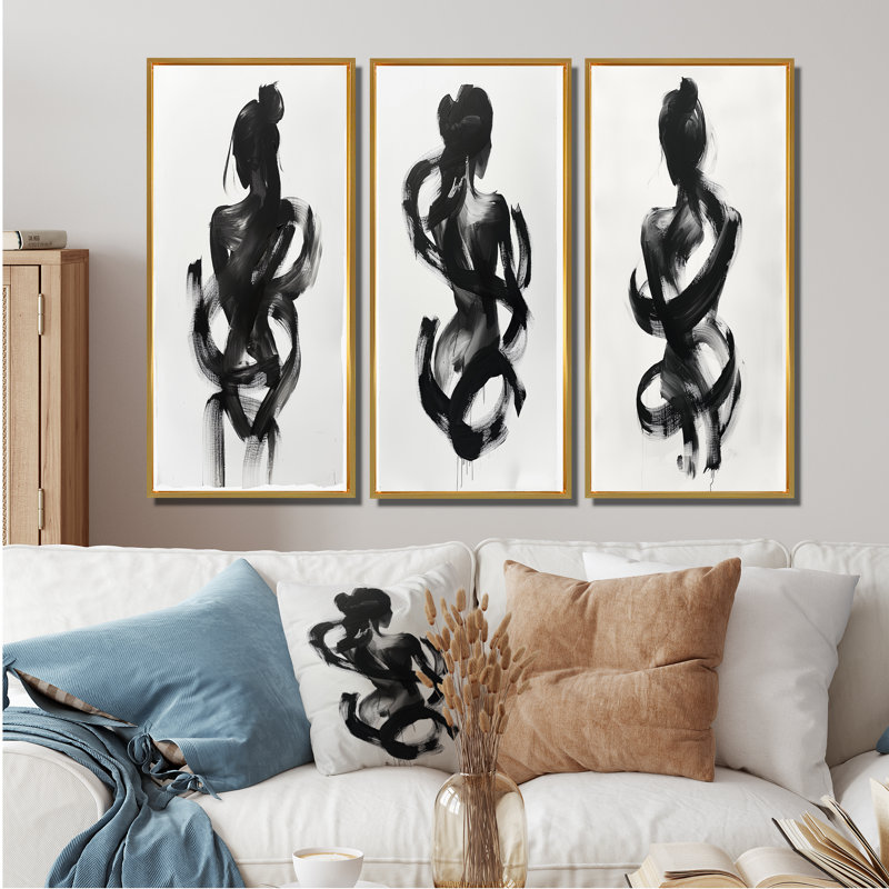 Silhouette de femme minimaliste I - Collection de 3 grands panneaux modernes sur toile, H 40 po x l 60 po, Doré