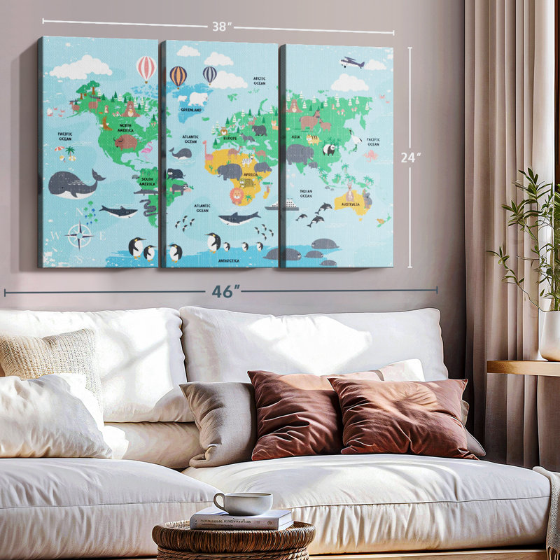 "Carte du monde pour enfants" sur toile, H 24 po x l 38 po x P 1,25 po