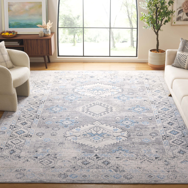Tapis oriental en polyester tissé à la machine en gris, Rectangle 8 pi x 10 pi