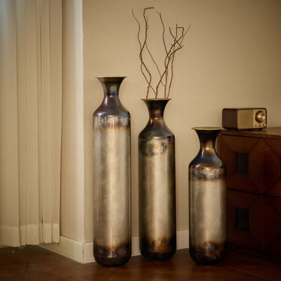 Ensemble de 3 vases en métal au feu de torche, grands vases de plancher à finition brûlée bleue pour décoration intérieure