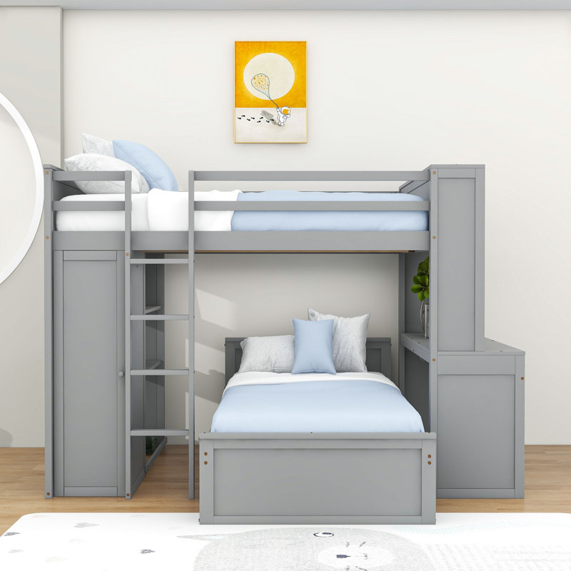 Lit superposé double en bois avec tablettes, bureau et garde-robe Hockaday, gris