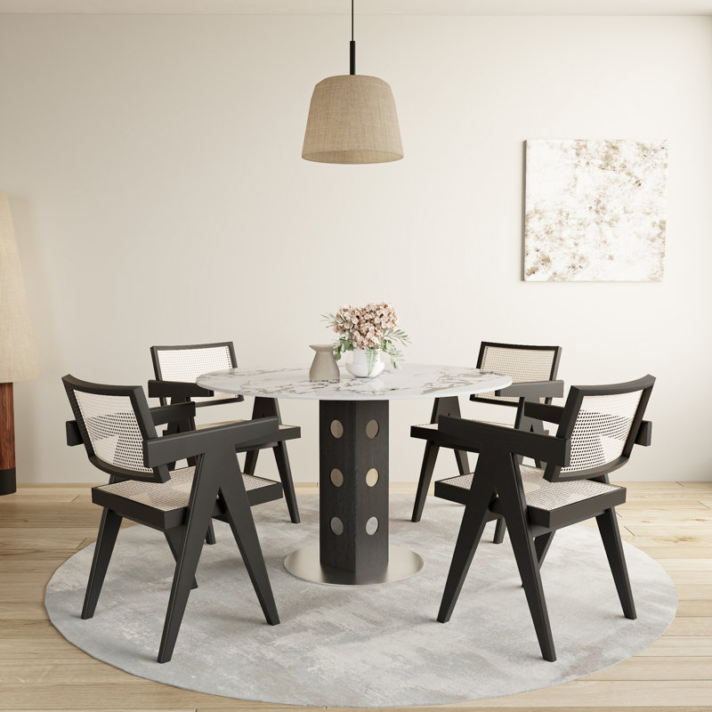 Simplistic Circular-shaped Stone Dining Table for 4 Black Dining Room Table With Mirror, 30" H x 43.3" W x 43.3" D