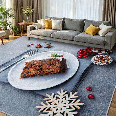 Tapis d'intérieur brun lavable à la machine, motif gâteau de Noël et nourriture blanche, lavable à la machine
