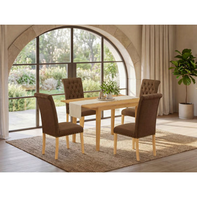 Ensemble de table de salle à manger 5 pièces comprenant une table de cuisine rectangulaire avec rallonge papillon et 4 chaises Parson en lin brun, chêne