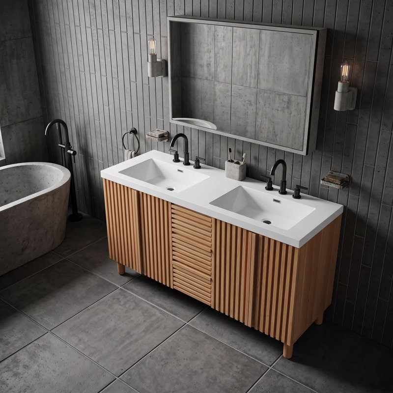 Meuble-lavabo autoportant avec double lavabo en résine SMC, 3 tiroirs, tablettes en U et poignées cachées
