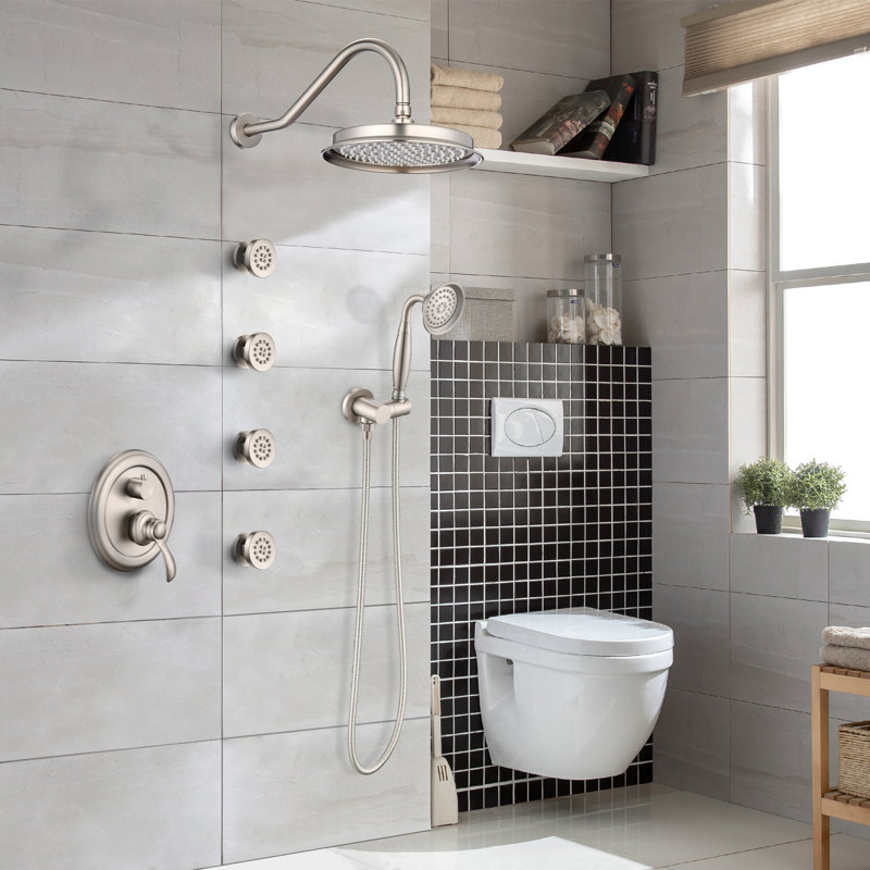9 Inch Shower System Luxury Rain Shower Faucet Set With 4 Adjustable Body Jets And Handheld Spray, Brushed Nickel
