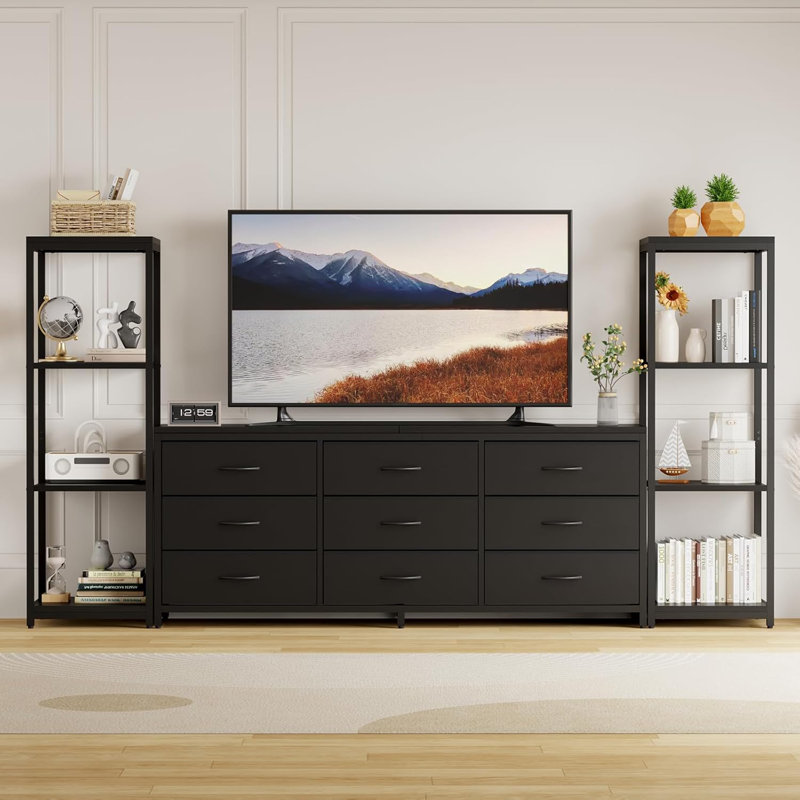 Meuble télé 75 po avec lumières DEL, prises de courant et 9 tiroirs, Noir