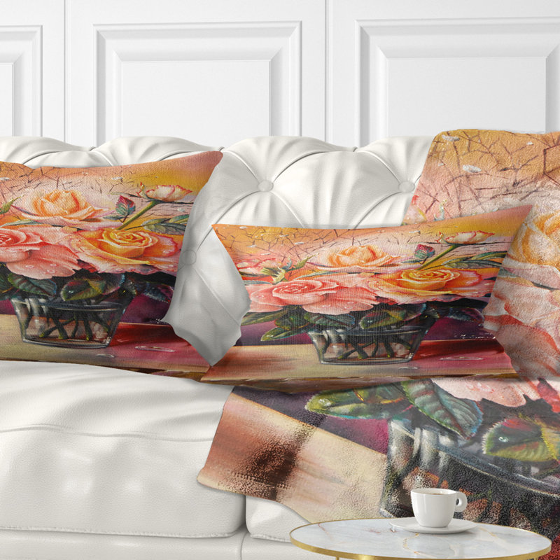 Roses on Marble Table - Floral Printed Throw Pillow