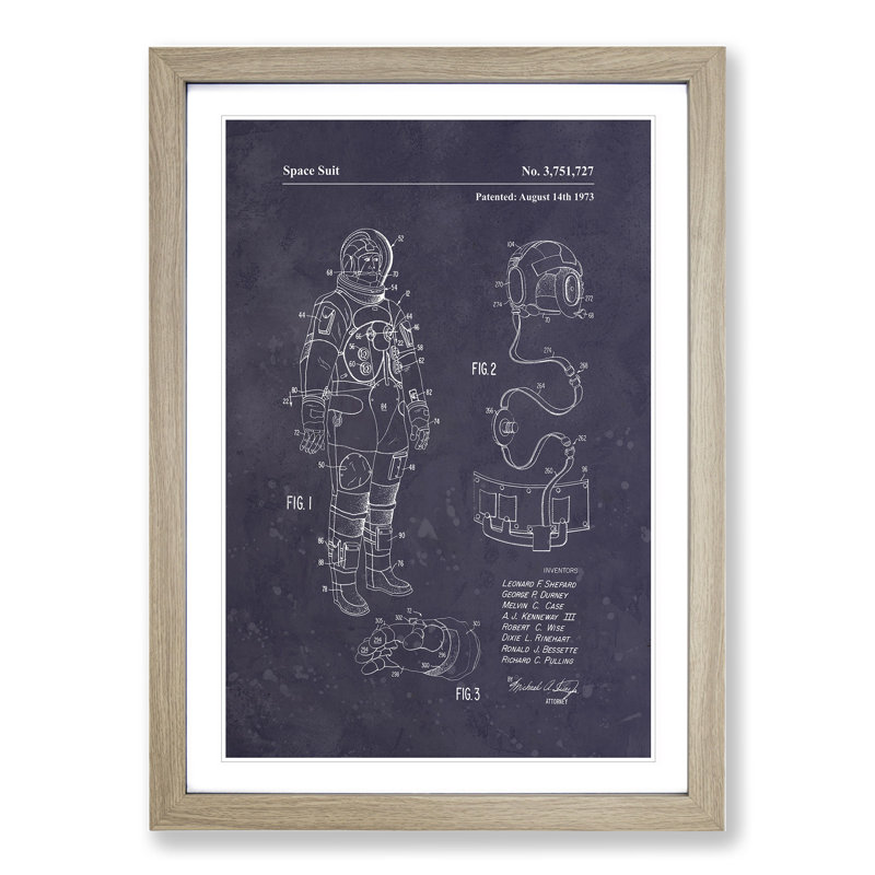 Space Suit Patent Dark 1 Piece Single Picture Frame Wall Art, 90cm H x 65cm W x 2cm D, Oak Framed