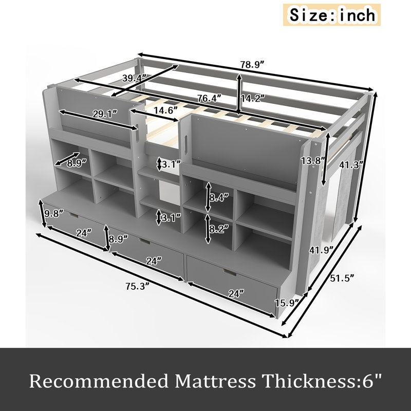 Lit mezzanine avec tablettes et rangements multiples, Lit simple, Gris