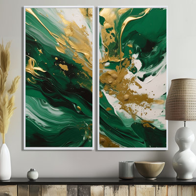 Green And Gold Serene Cascade II - Abstract Large Art Prints On Canvas 2-Panels