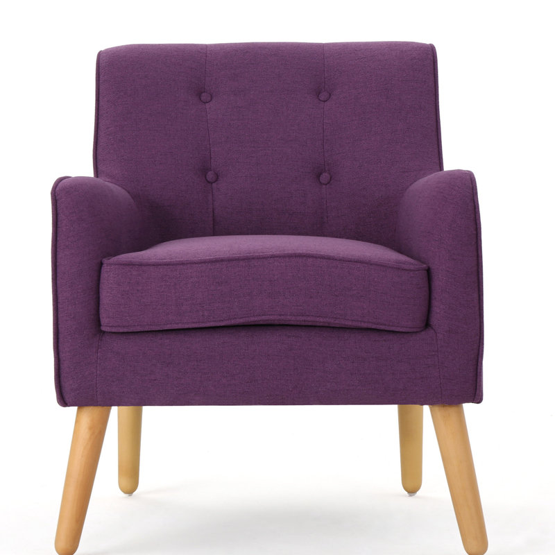 Fauteuil mauve moderne avec lignes solides, dossier et pieds en bouleau, fauteuil de style Mid-Century, finition confortable