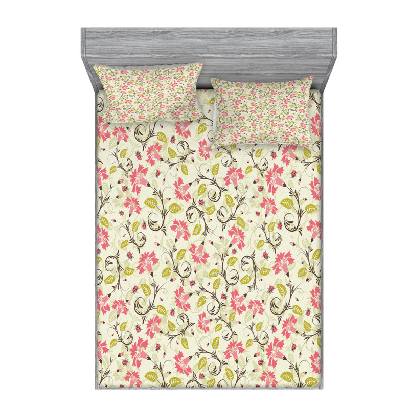Microfiber Floral Sheet Set, Full Sheet Set + Fitted Sheet + 2 Pillowcases, Purple