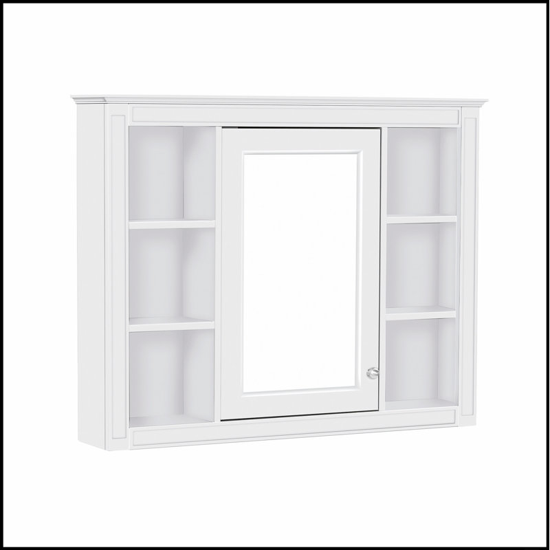 Meuble de rangement mural pour salle de bain avec miroir, 6 étagères ouvertes et intérieur modulaire, idéal pour les salles de bain modernes et bien organisées.