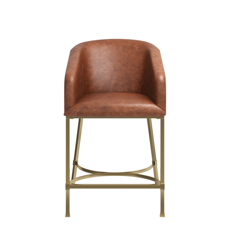 Tabouret de comptoir moderne de 26 po, similicuir brun tabac, structure dorée, patins réglables, dossier confortable à hauteur de cuisine, îlot