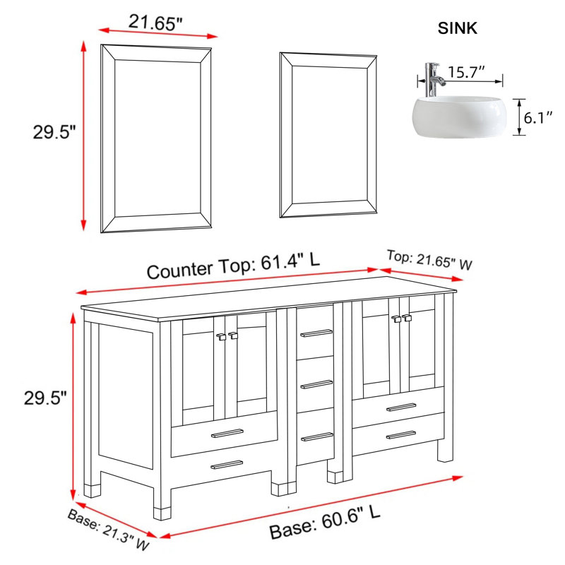 Meuble-lavabo 60 po avec lavabo en céramique et miroir, Blanc