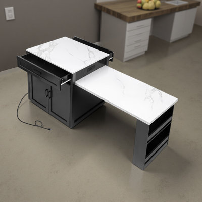 Îlot de cuisine 82,7 po avec plateau en faux marbre - table de salle à manger pour 6 personnes, prise de courant, rangement double, 2 tiroirs et tablettes ouvertes