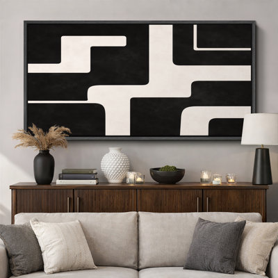 Abstract Black White Bold Geometric Path Pattern Artwork, Modern Living Room Pictures, Framed Canvas Giclee Print Wall Art