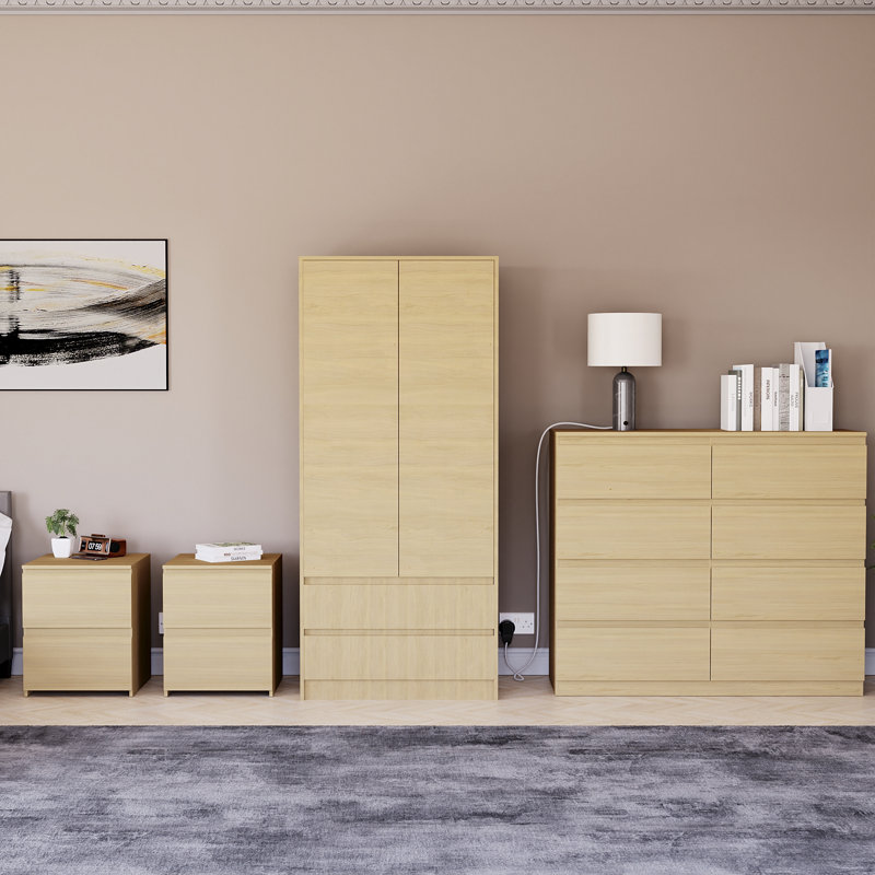 Tanino 4 Piece Bedroom Set (2 Drawer Large Bedside Chest X2, 8 Drawer Chest, 2 Door 2 Drawer Wardrobe), Beige