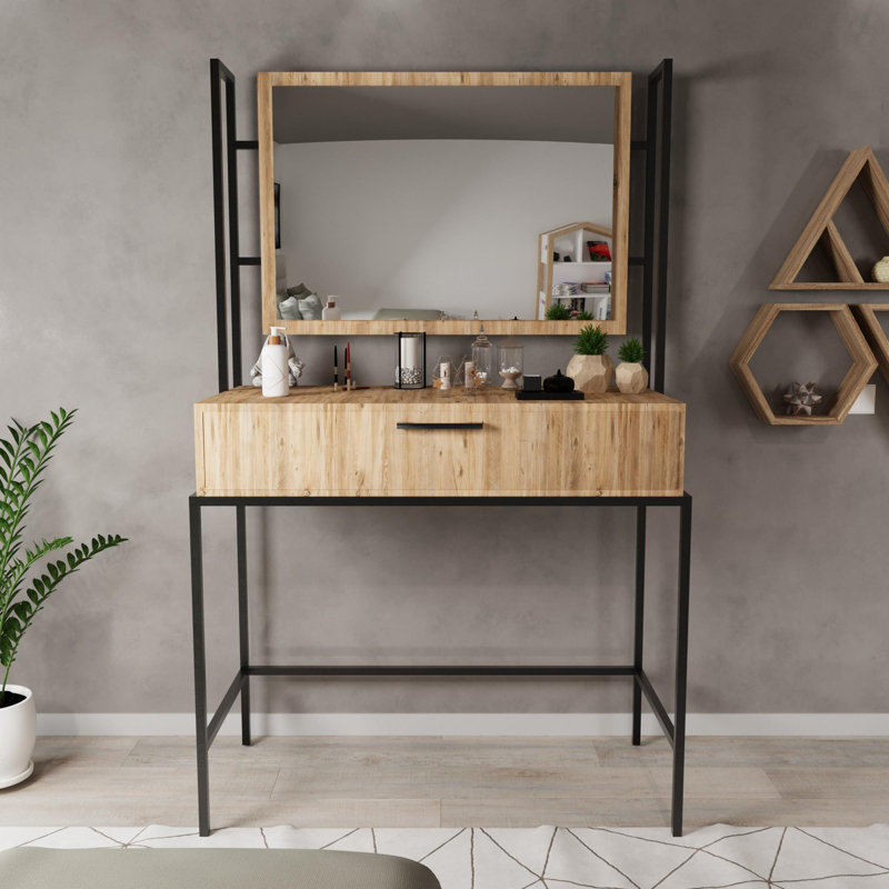 Aliona Dressing Table with Mirror, Pine/Black