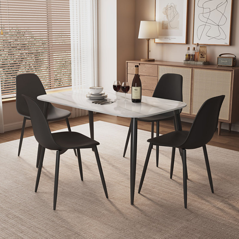 Aspen Gloss White Sintered Stone Rectangular Table and 4 Curve Plastic Chairs - Modern Dining Set, Black