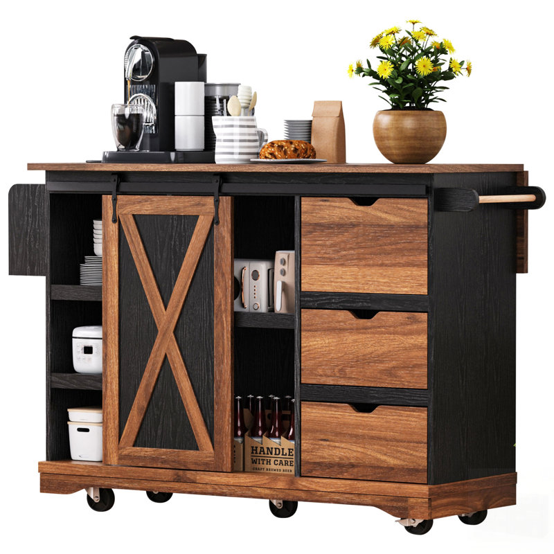 Versatile Farmhouse Kitchen Island With Drop Leaf, Barn Door, Power Outlet, And Rolling Spice Rack For Enhanced Storage And Mobility