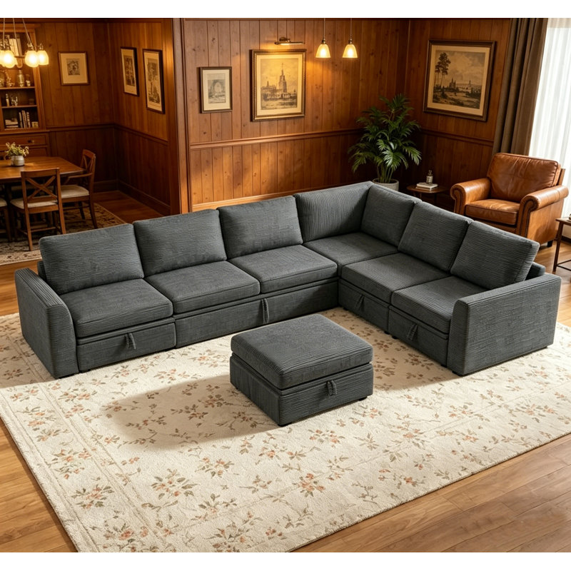 Canapé-lit modulaire à 7 places avec lit escamotable, rangement et revêtement en chenille, canapé convertible en U / L pour le salon