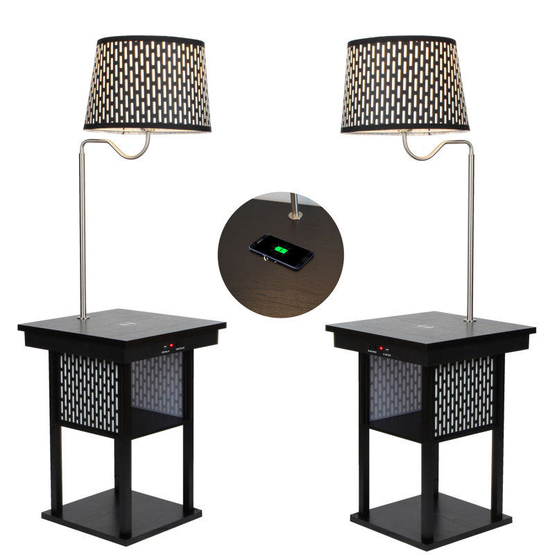 Madison 56 in. Modern LED Bedside Table Lamp with Fabric Drum Shade and Wireless Charging Pad - Bundle Set of 2, Black, Black