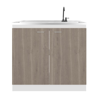 Napoles Utility Sink With Faucet Inclued And Integrated Stainless Steel Counter Top And Basin, Freestanding Cabinet With Two Doors, Metal Handles And Two Interior Shelves.