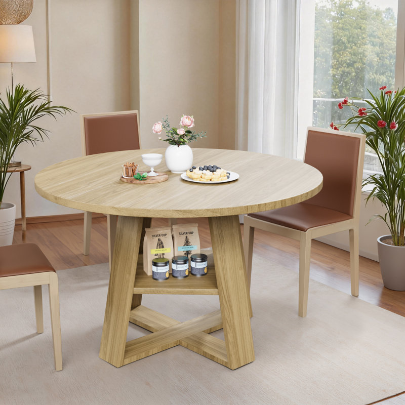 Table de salle à manger de 47 po pour 4 à 6 personnes, table de salle à manger avec tablette de rangement, plateau en grain de bois, pieds en bois robustes, tables de salle à manger peu encombrantes, tables de cuisine circulaires, naturel