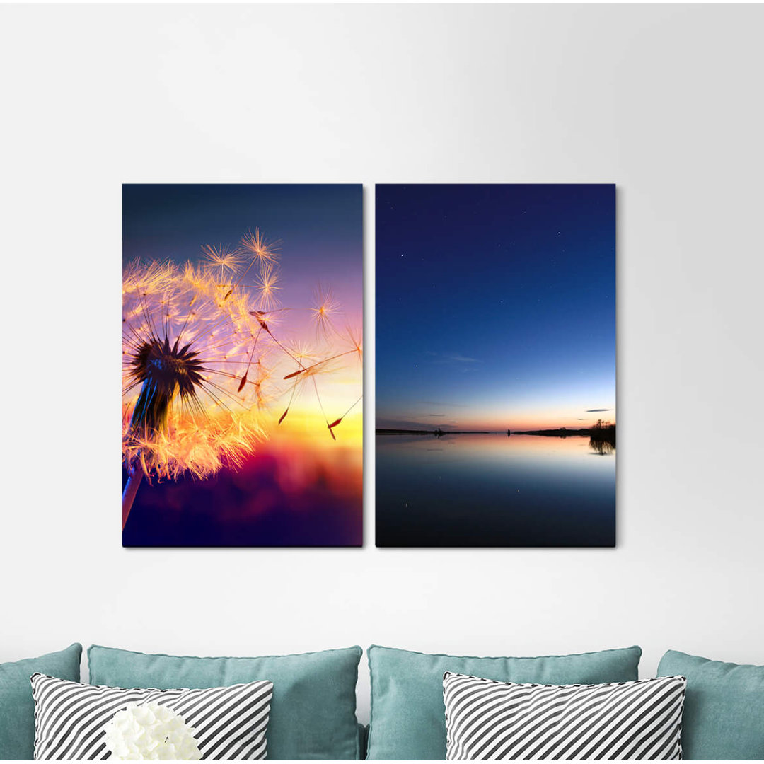 2-tlg. Leinwandbilder-Set - Grafikdruck „Blowball Summer Sunset Lake Horizon Summer Night Dusk”